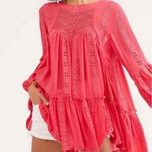 Free People Kiss Kiss Sweetest Dreams Pink Tunic Top Lace Inset XS Boho